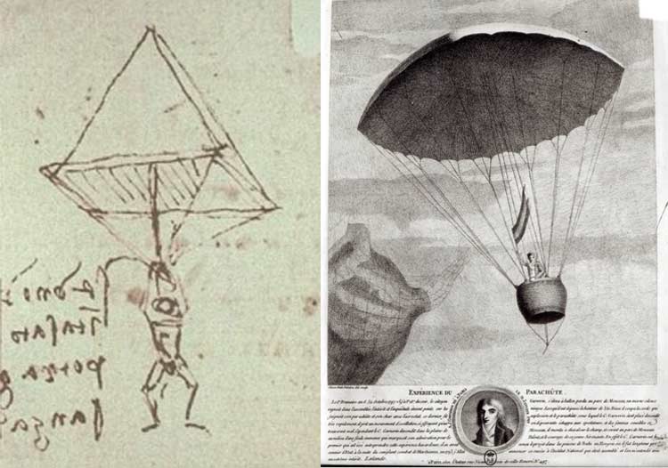 Geschiedenis skydiven: schets van Leonardo da Vinci naast een afbeelding van André-Jacques Garnerin die in 1797 met parachute uit een ballon springt boven Parijs.
